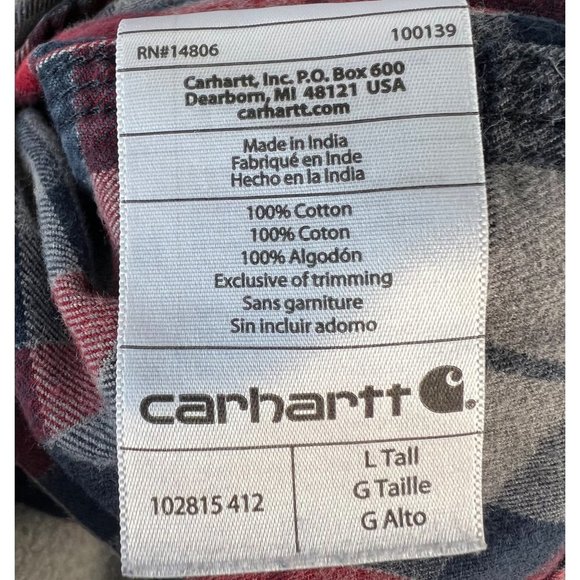 CARHARTT Shirt Men's Size L Tall Grey Blue Red Hubbard Plaid Long Sleeve - Picture 8 of 8